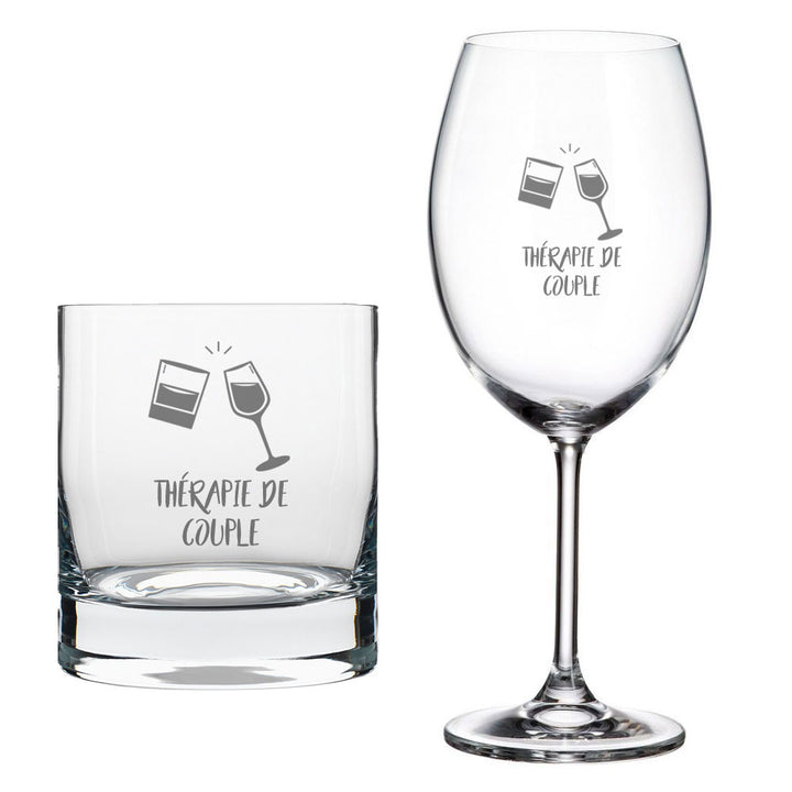 Ensemble de deux verres ''Thérapie de couple'' (Vin et Whisky)